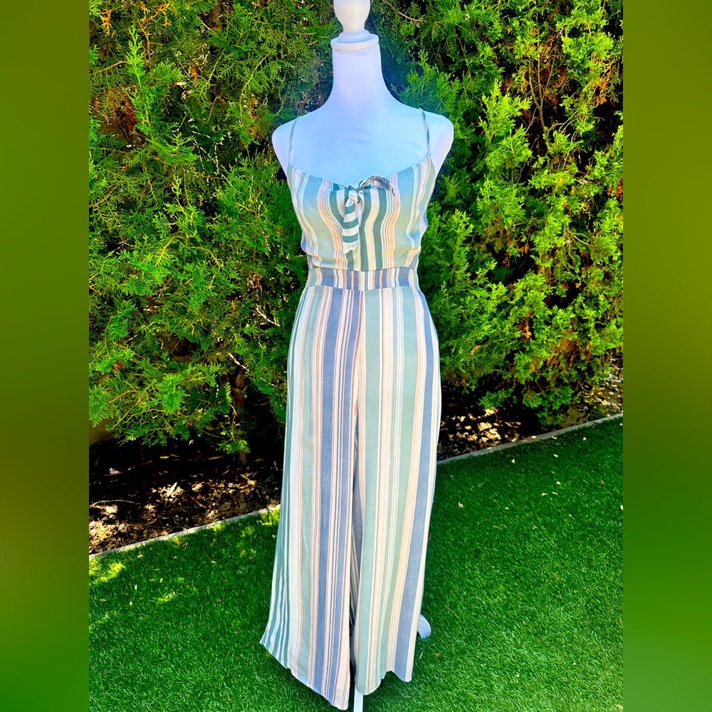 Lulus Promise Sage Green Striped Knotted Front Jumpsuit - Picture 2 of 8